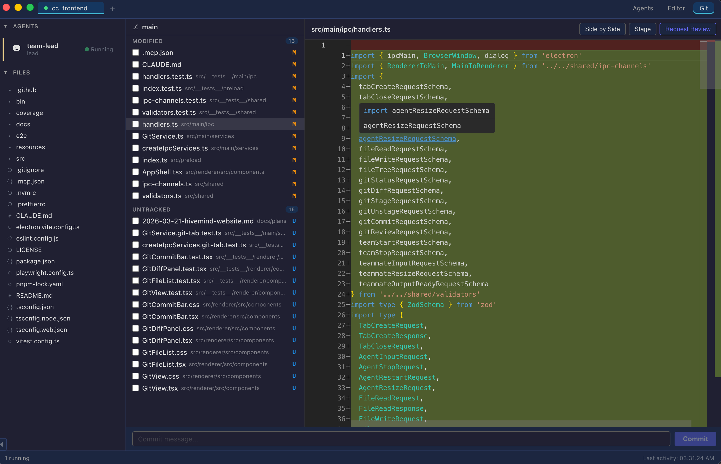 Hivemind built-in git integration with diff view